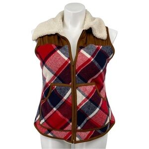 Judith March Red and Blue Plaid Vest Sherpa Lined Zip Vest - Large